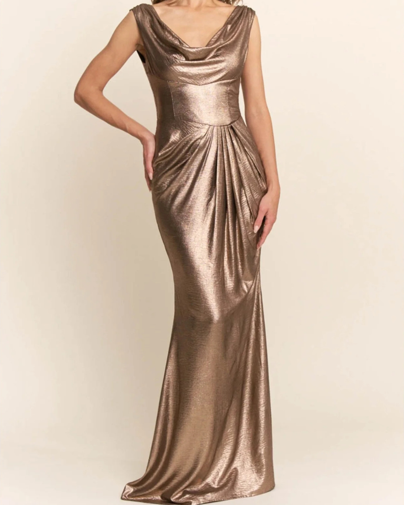 Slim Pleated Gold Foil Maxi Dress