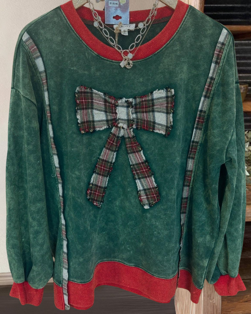 Plaid Bow Embroidered Washed Top