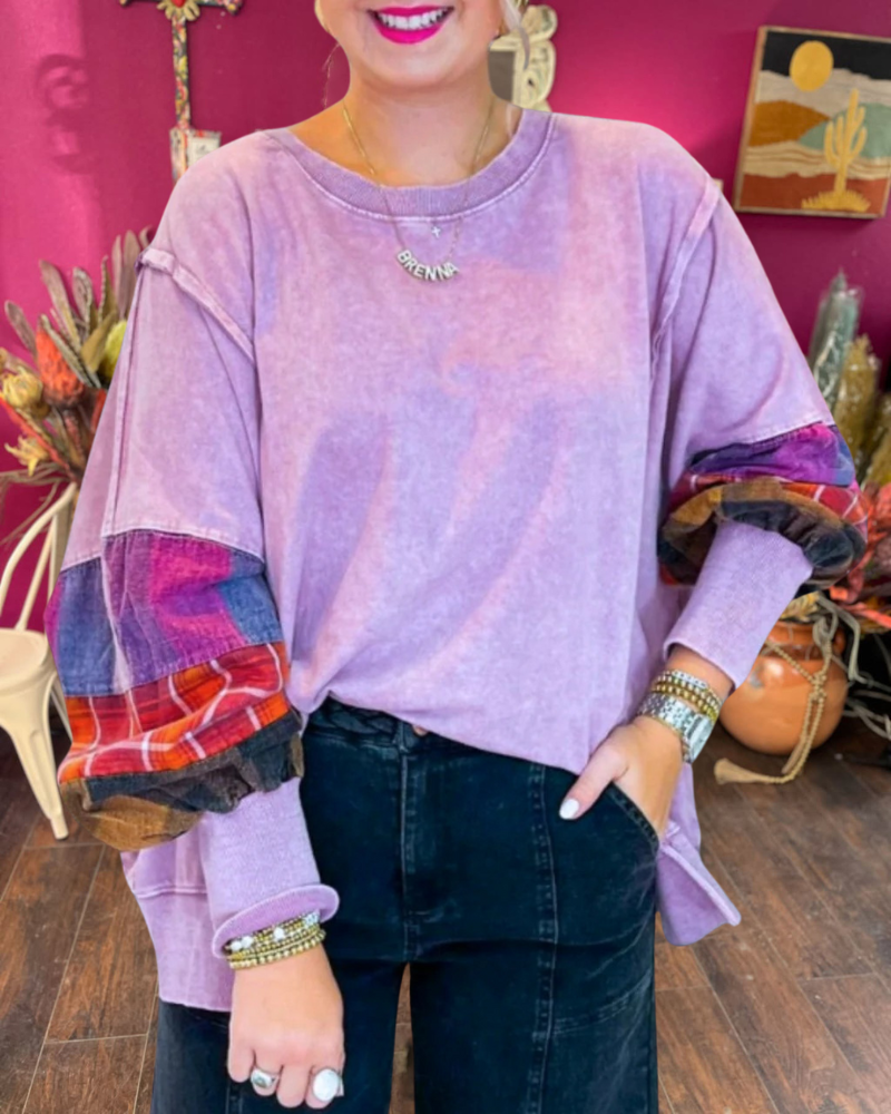 Plaid Patchwork Sleeve Pullover