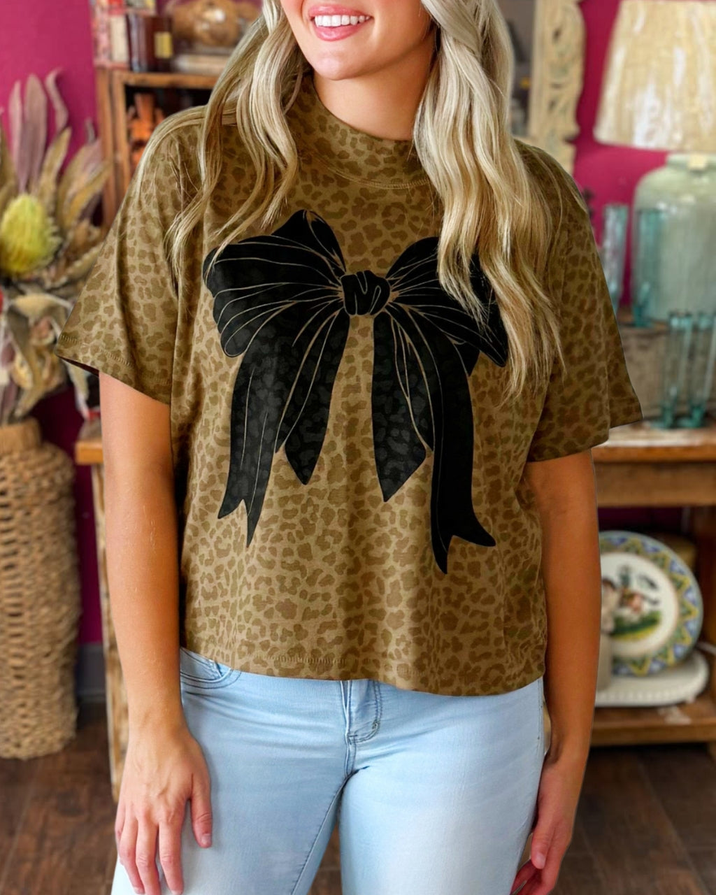 Bow+Leopard Print Tee
