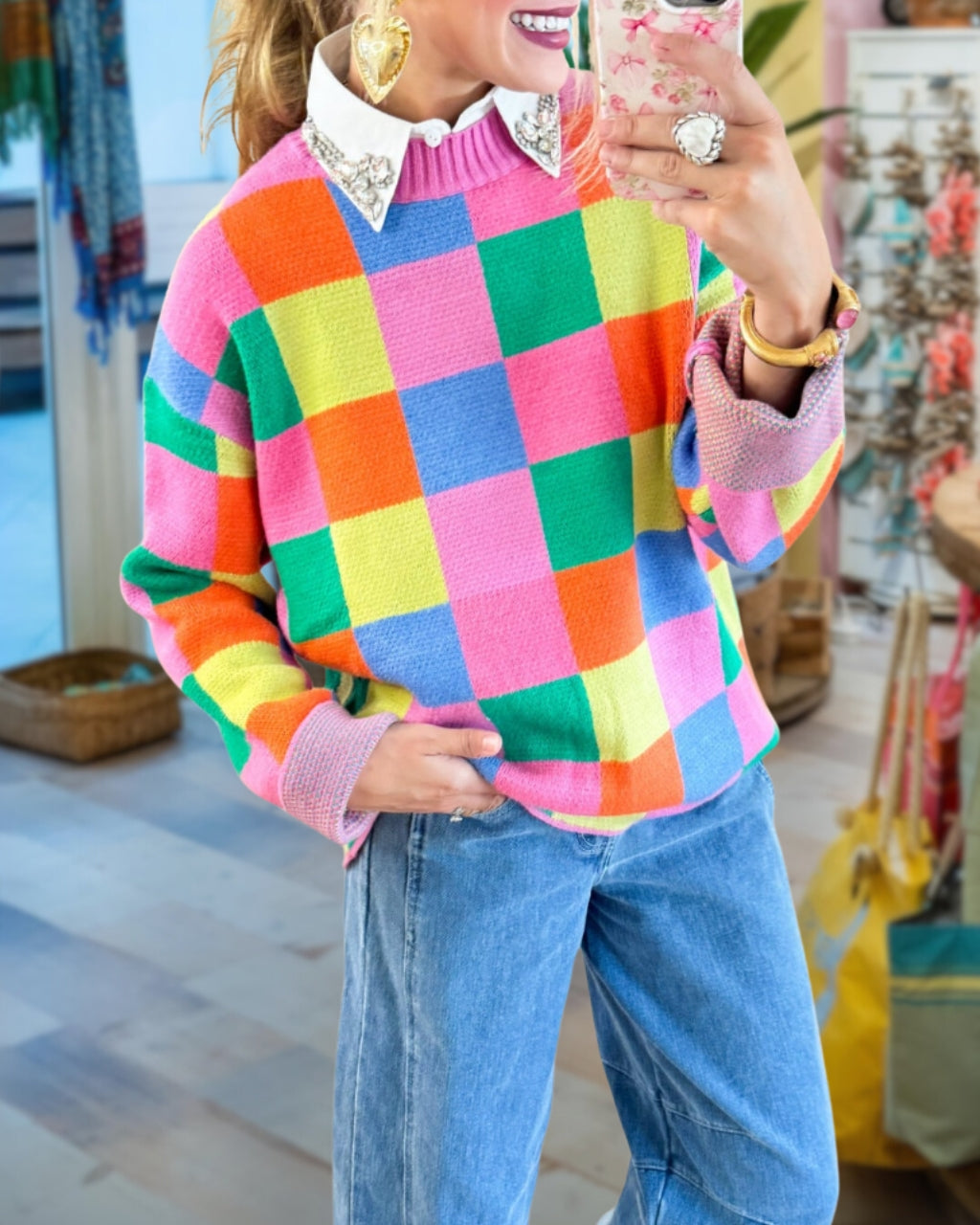 Playful Checkered Mock Neck Sweater