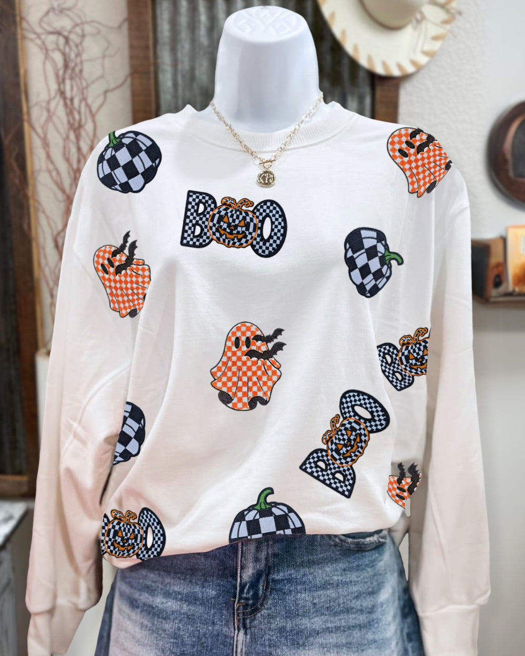 Checkered Pumpkin Ghost Embroidered Sweatshirt