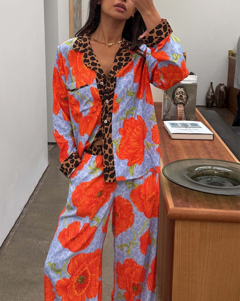 Floral Leopard Satin V-Neck Set