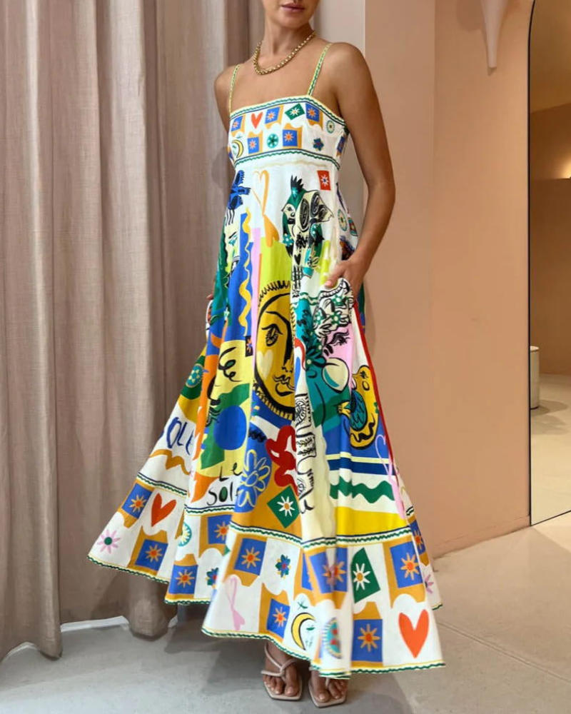 Unique Fun Printed Linen Slip Dress