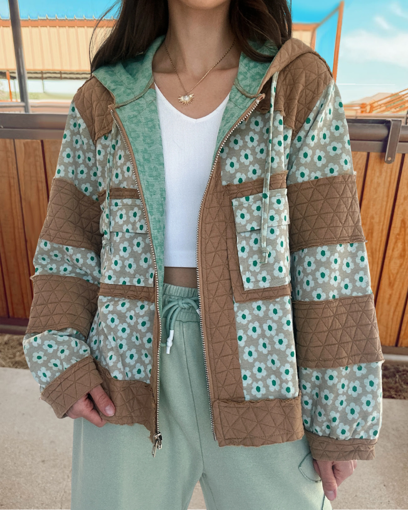Floral Zip-Up Hooded Quilted Jacket