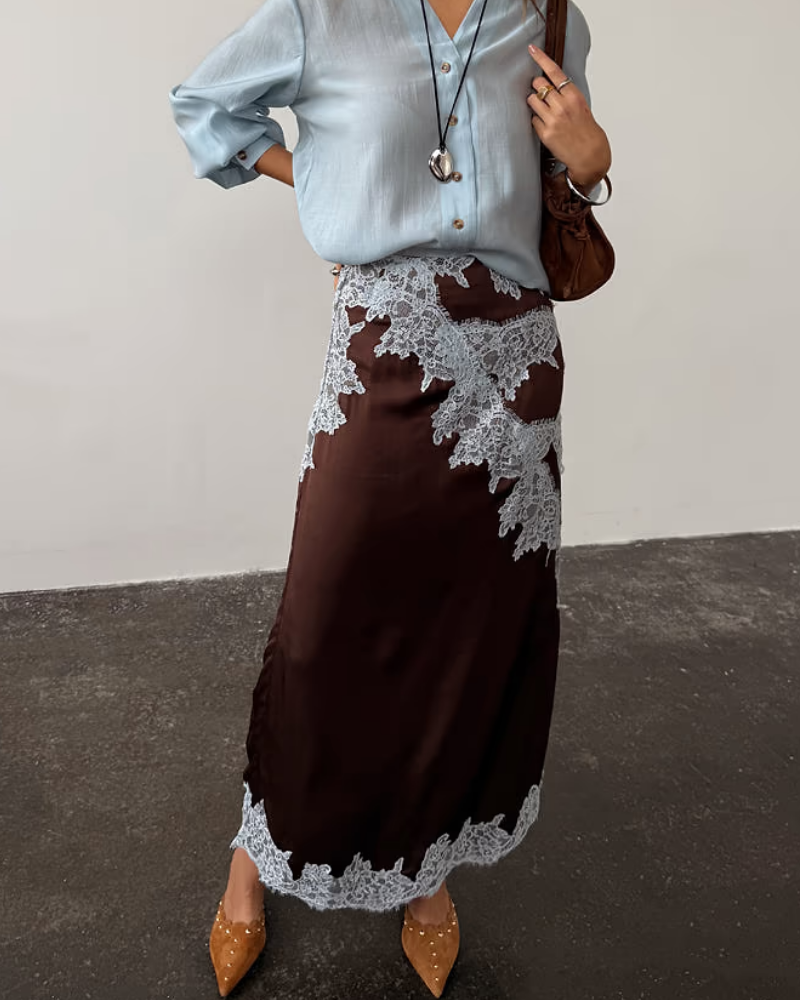 Casual Satin Lace Midi Skirt