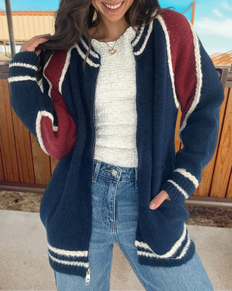 Simple Colorblock Zipper Sweater