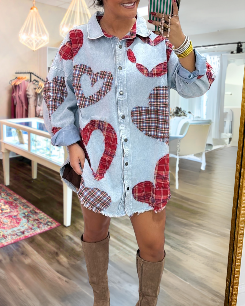 Heart Plaid Embroidered Washed Shirt