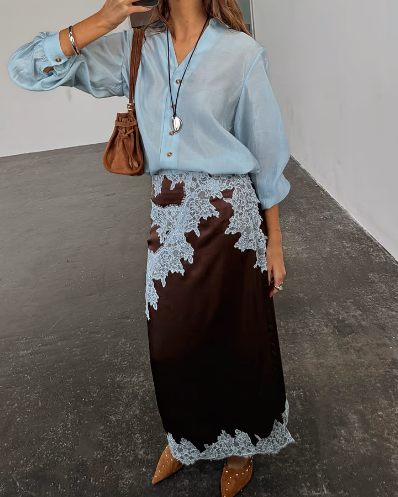 Casual Satin Lace Midi Skirt