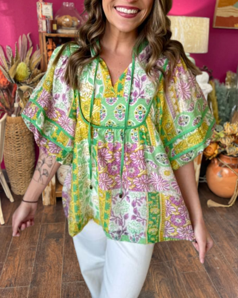 Mixed Floral Puff Sleeve Top