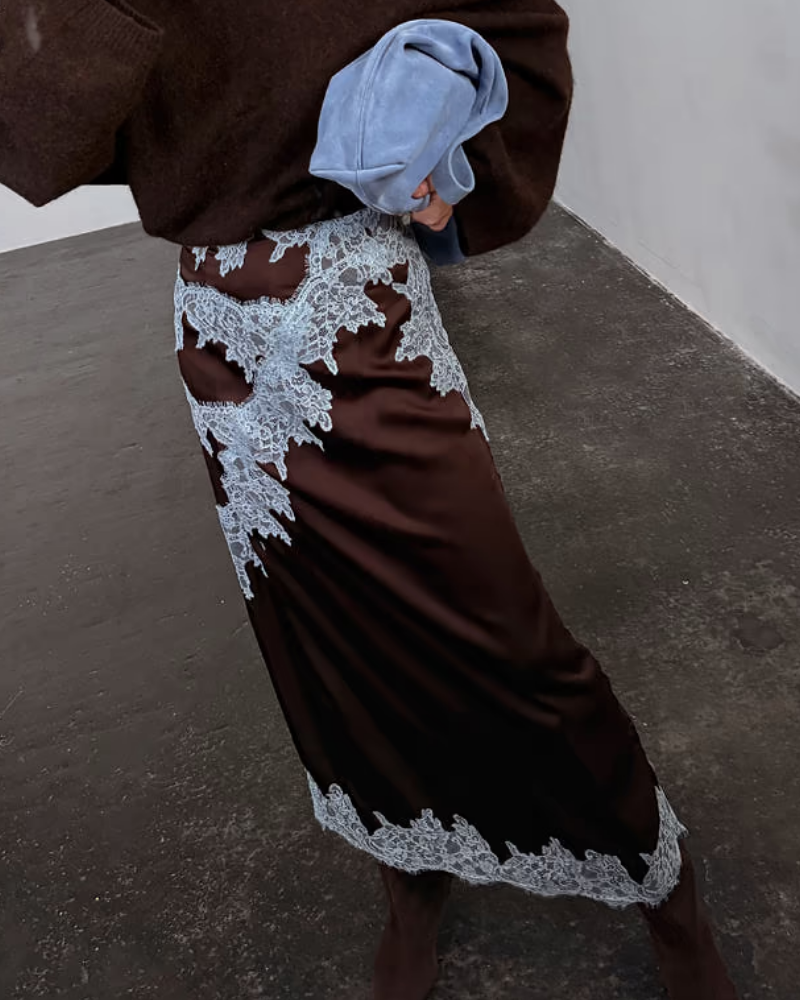 Casual Satin Lace Midi Skirt