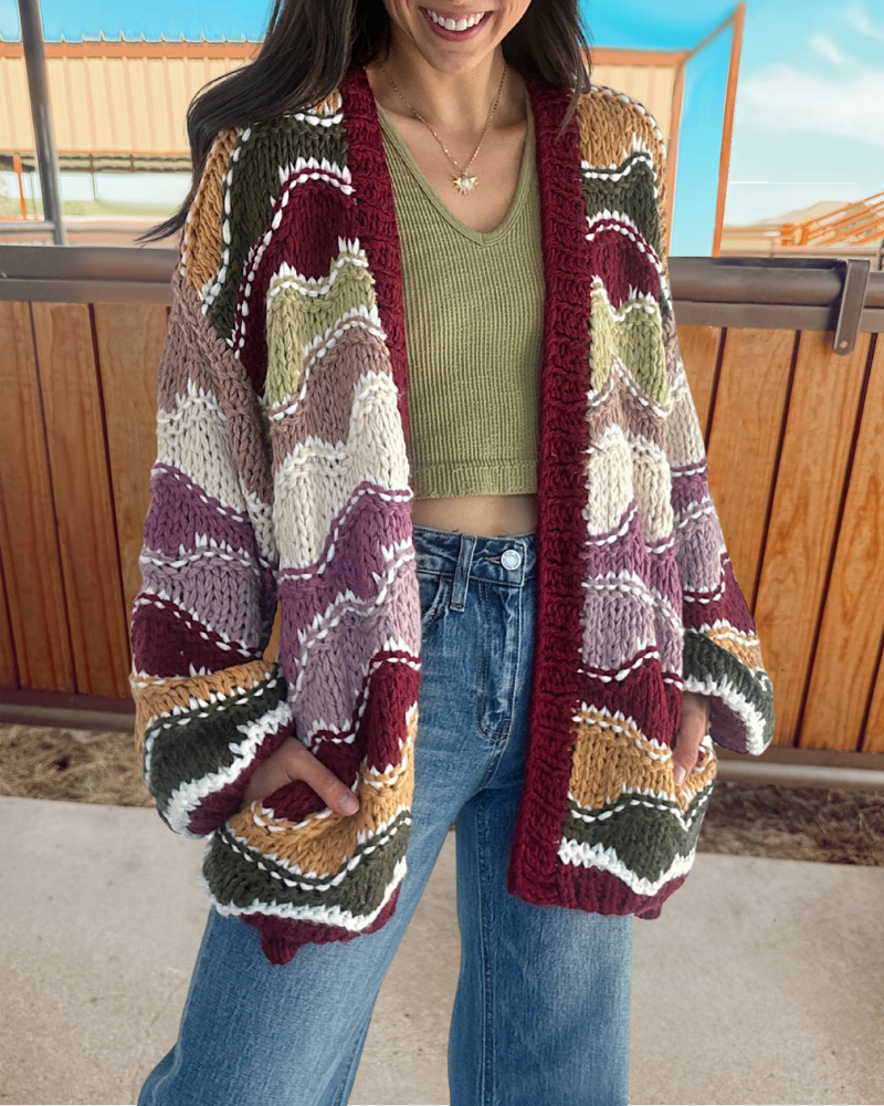 Colorblock Chunky Knit Cardigan Sweater