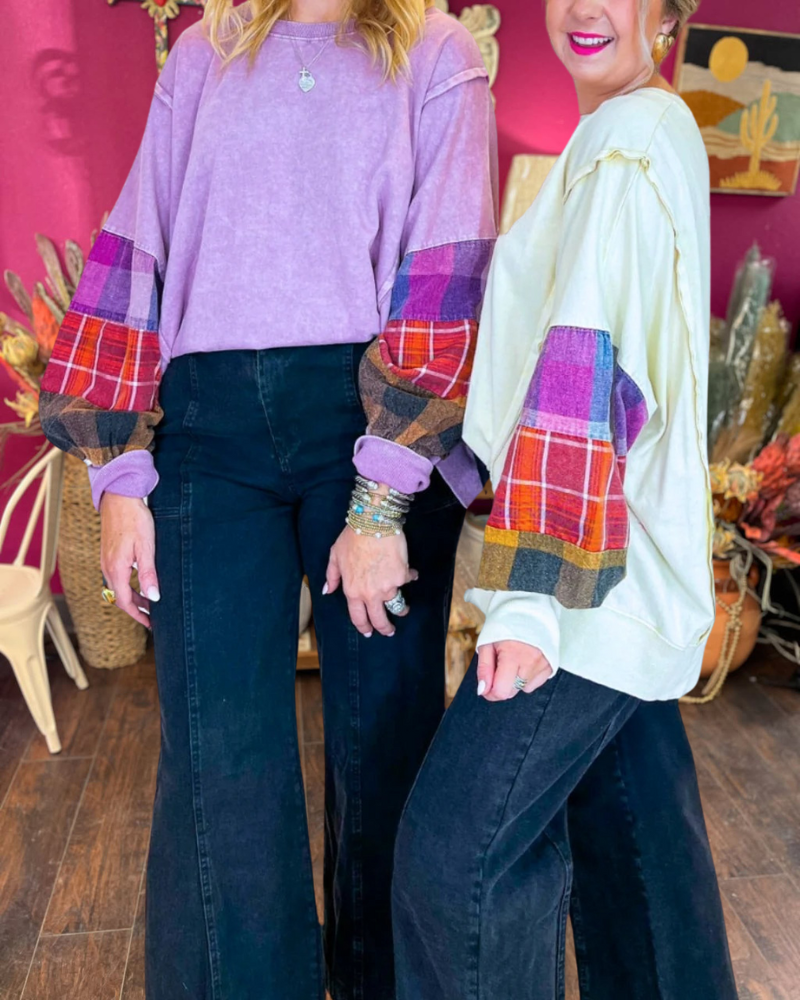 Plaid Patchwork Sleeve Pullover