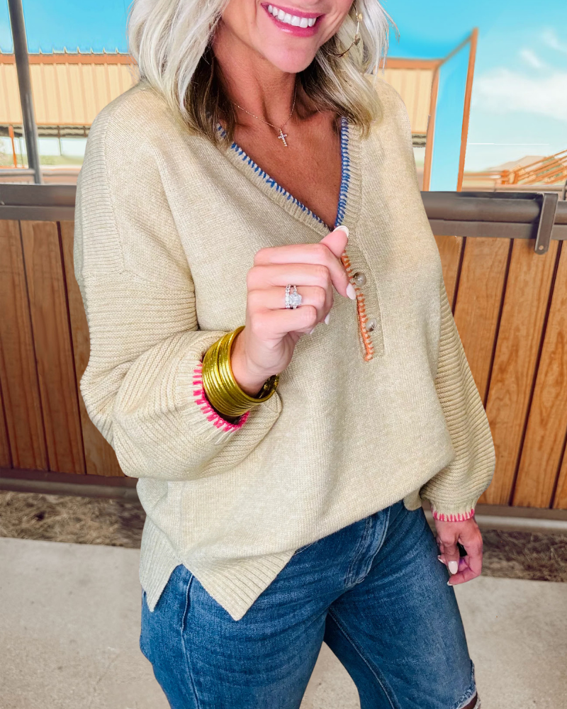 Contrast Stitching Ribbed Sweater