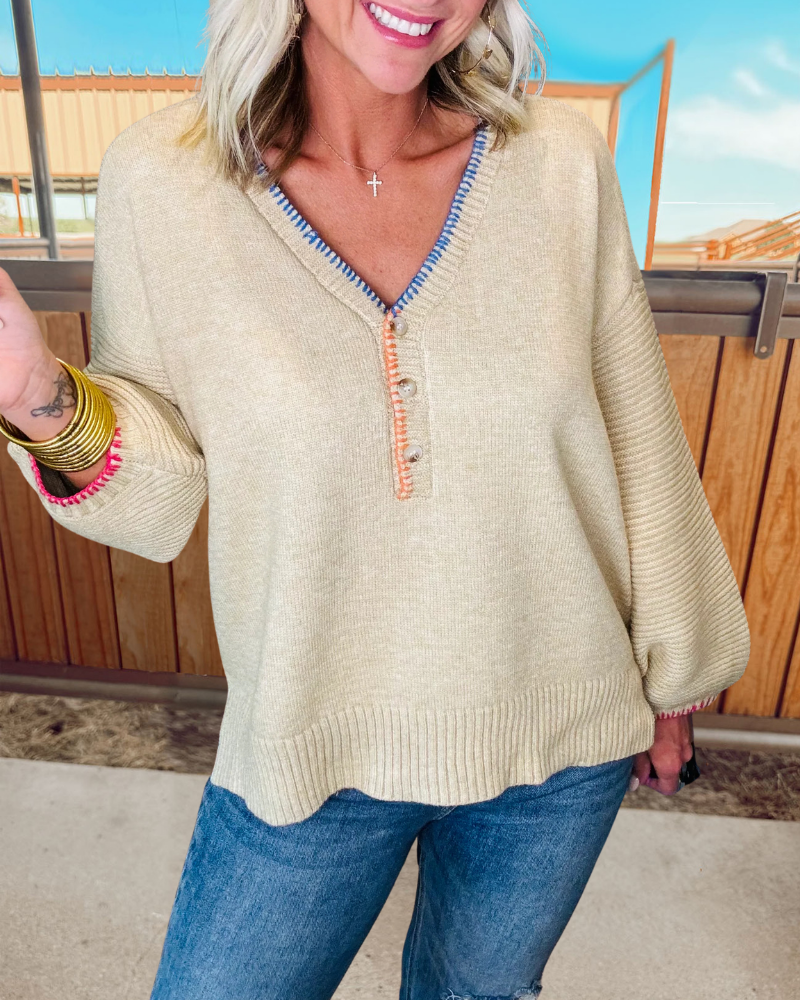 Contrast Stitching Ribbed Sweater