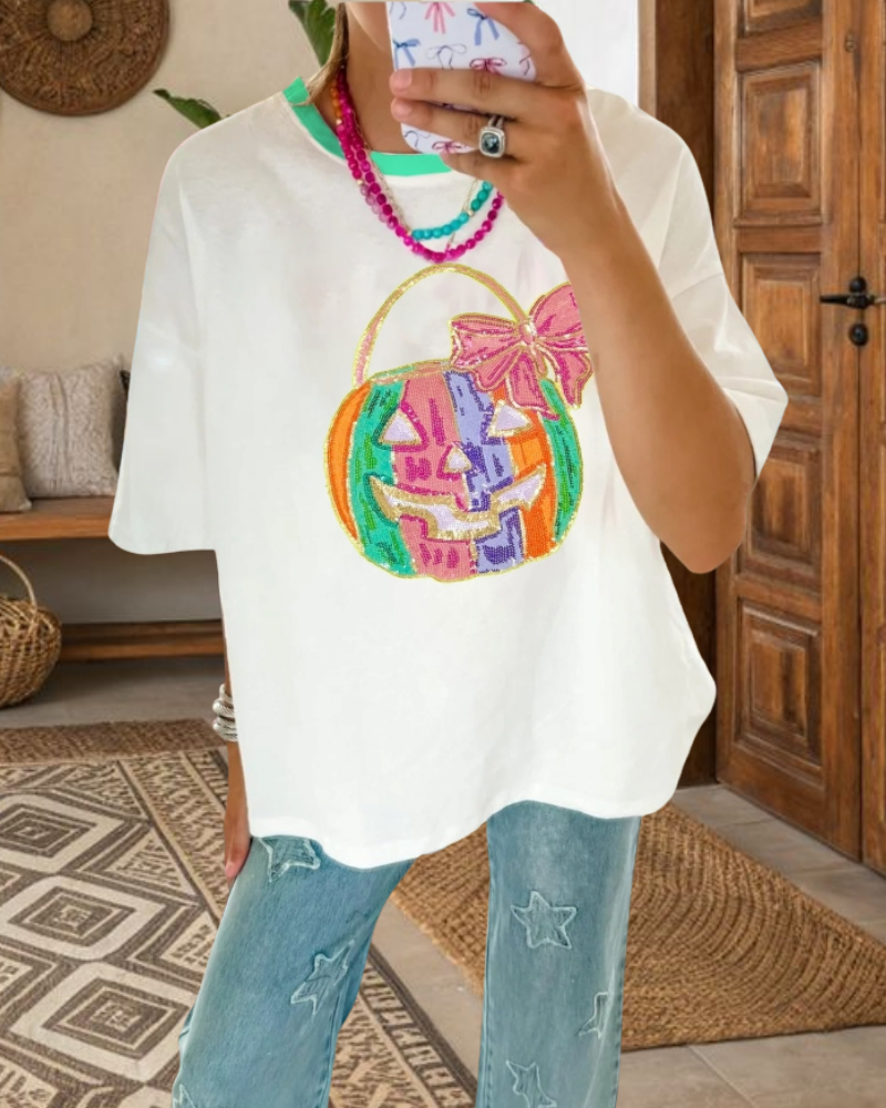 Colorful Pumpkin Butterfly Sequin Tee