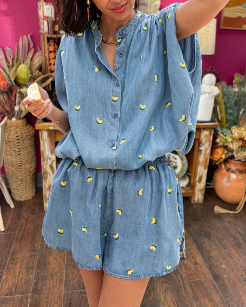 Casual Floral Embroidered Denim Set