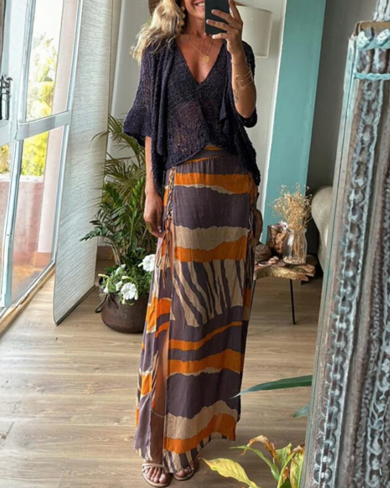 Colorblock Side-Slit Tie Skirt