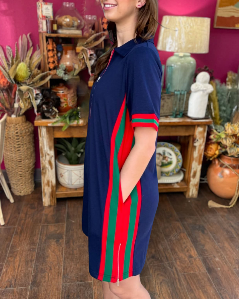 Half-Zip Striped Trim Dress