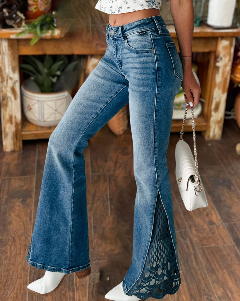 Trendy Mid-Rise Crochet Flared Jeans