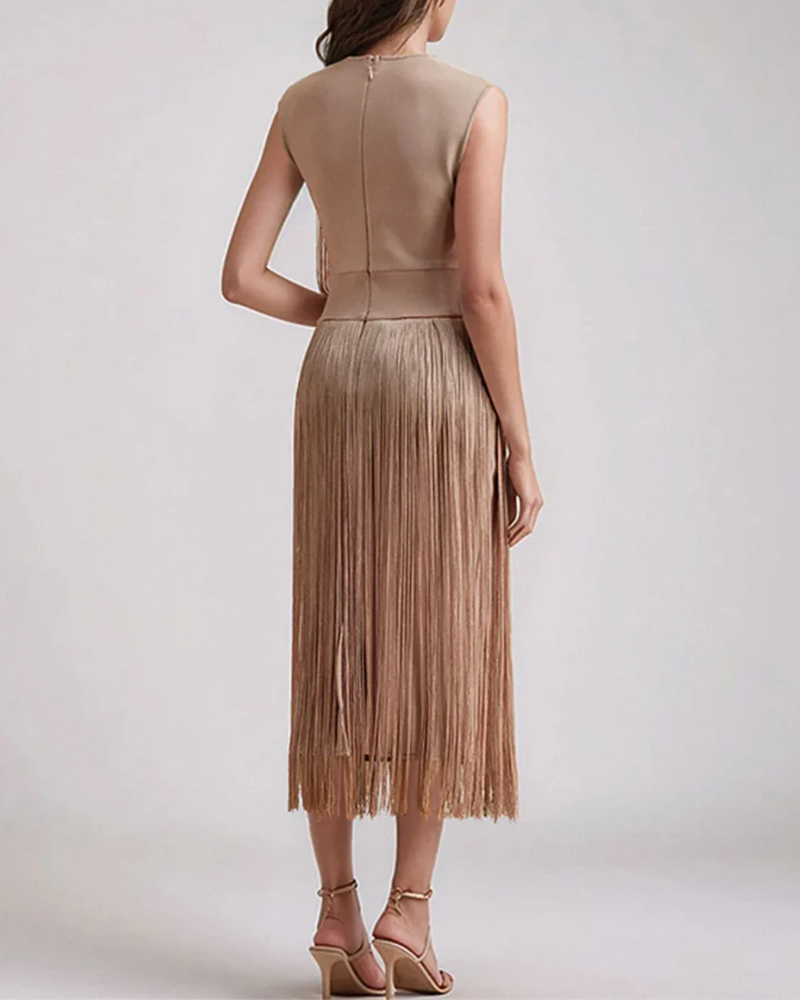 Stylish Suede Tassel Midi Dress