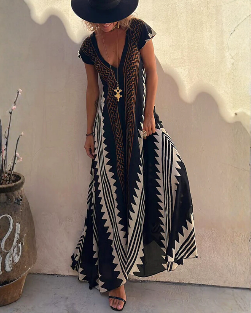Striped Wavy V-Neck Maxi Dress
