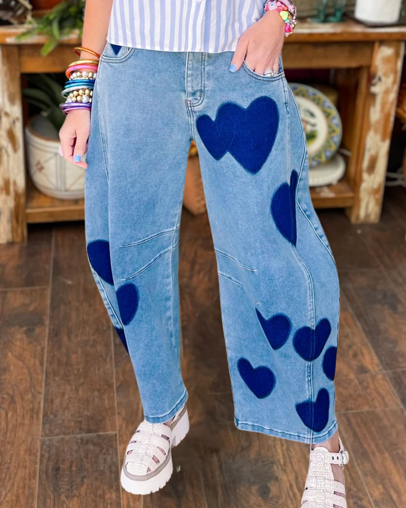 Playful Heart Pattern Jeans