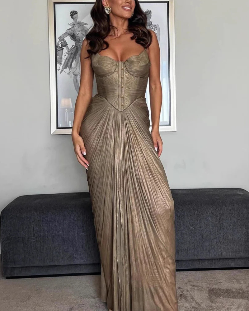 Pleated Satin Slip Maxi Dress