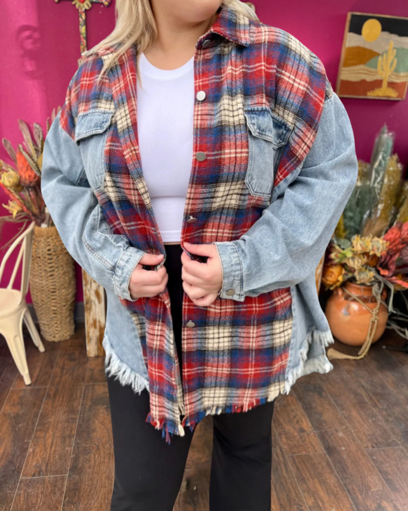 Denim&Plaid Patchwork Oversize Shacket