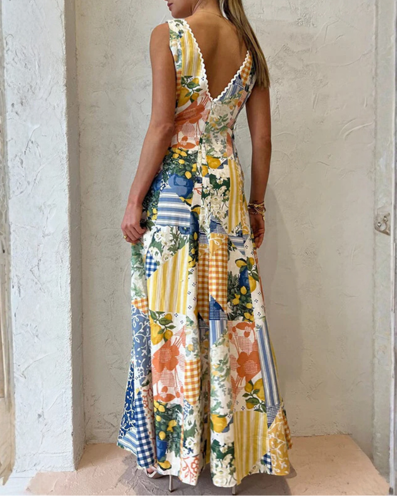 Patchwork Print V-Neck Maxi Dress