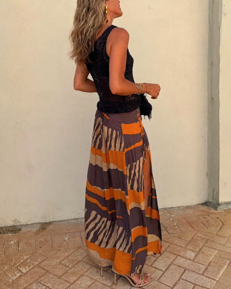 Colorblock Side-Slit Tie Skirt