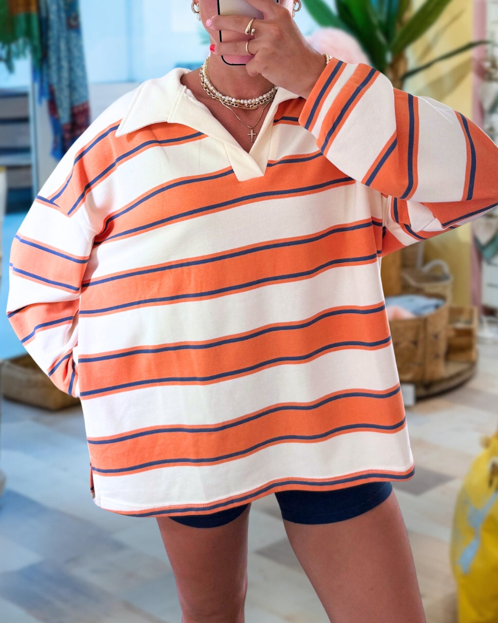 Vibrant Striped Polo Terry Sweatshirt