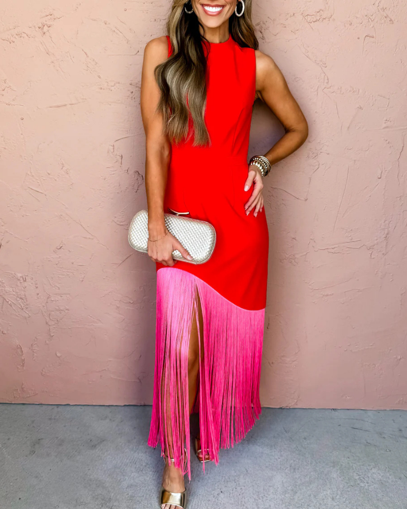 Unique Satin Tassel Maxi Dress
