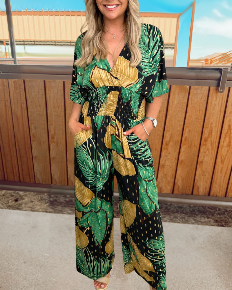 Tropical Pleated V-Neck Jumpsuit