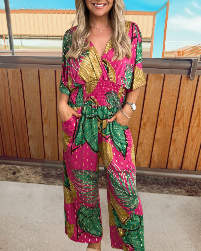 Tropical Pleated V-Neck Jumpsuit