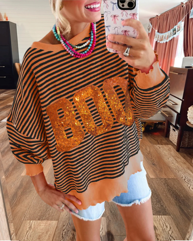 BOO Sequin Striped Sweatshirt