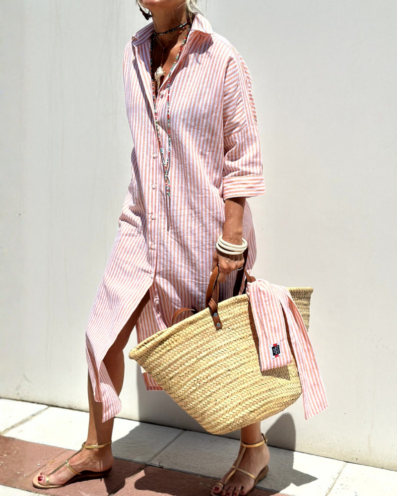 Striped Stand Collar Shirt Dress
