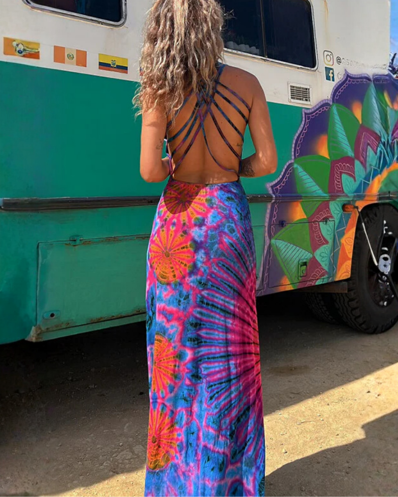 Chic Tie-Dye Backless Maxi Dress