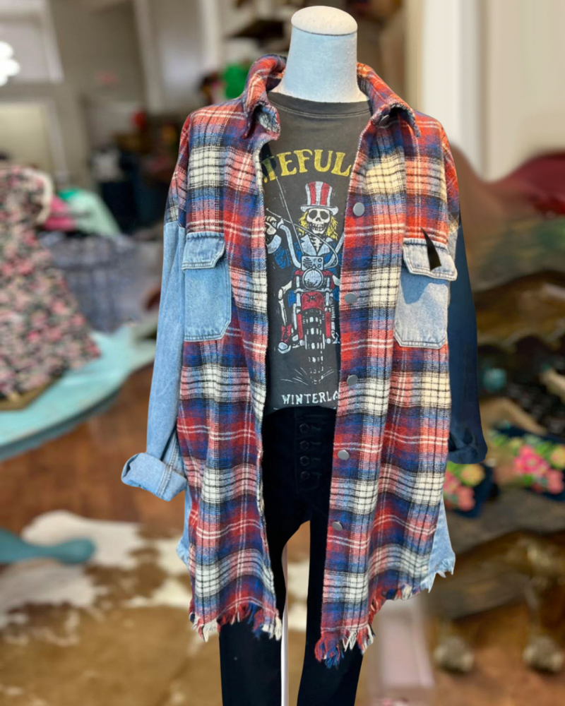 Denim&Plaid Patchwork Oversize Shacket