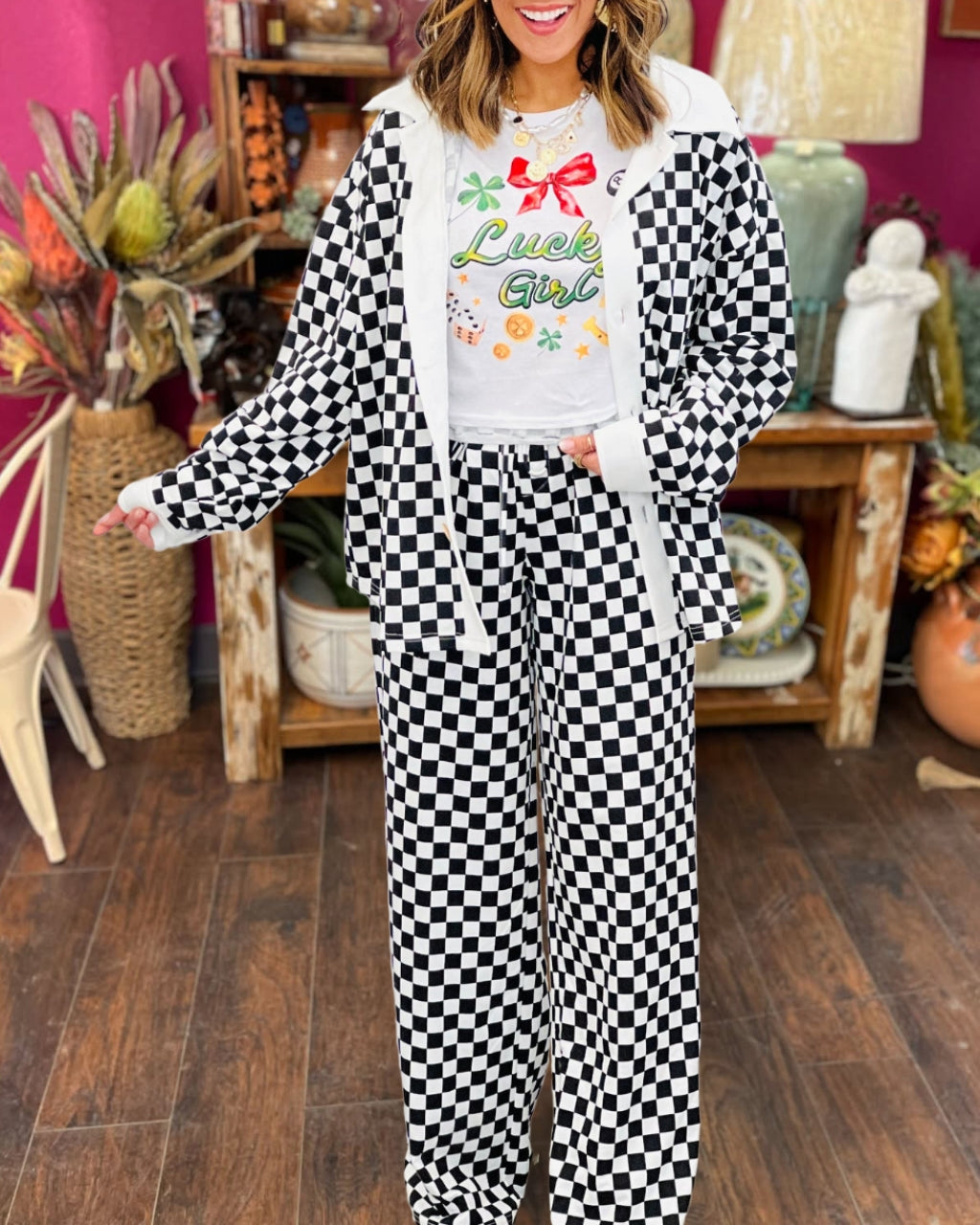 Checkered Oversized Shacket Set