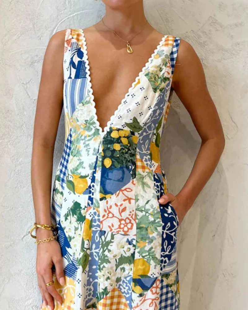 Patchwork Print V-Neck Maxi Dress
