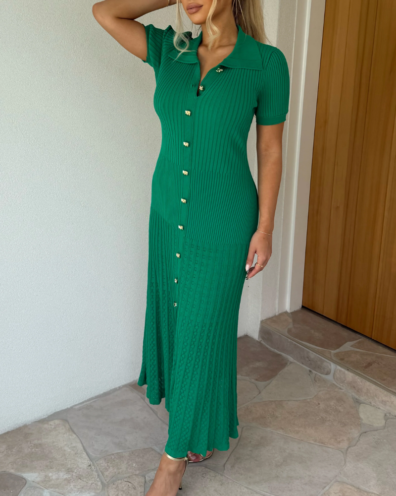 Ribbed Lapel Elastic Maxi Dress