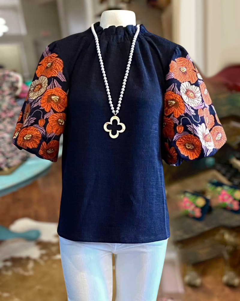 Embroidered Puff Sleeve Top