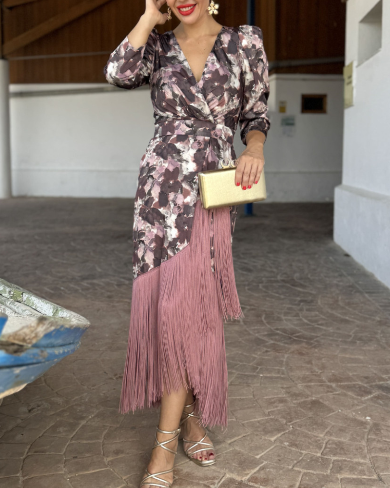 Floral Tassel V-Neck Midi Dress