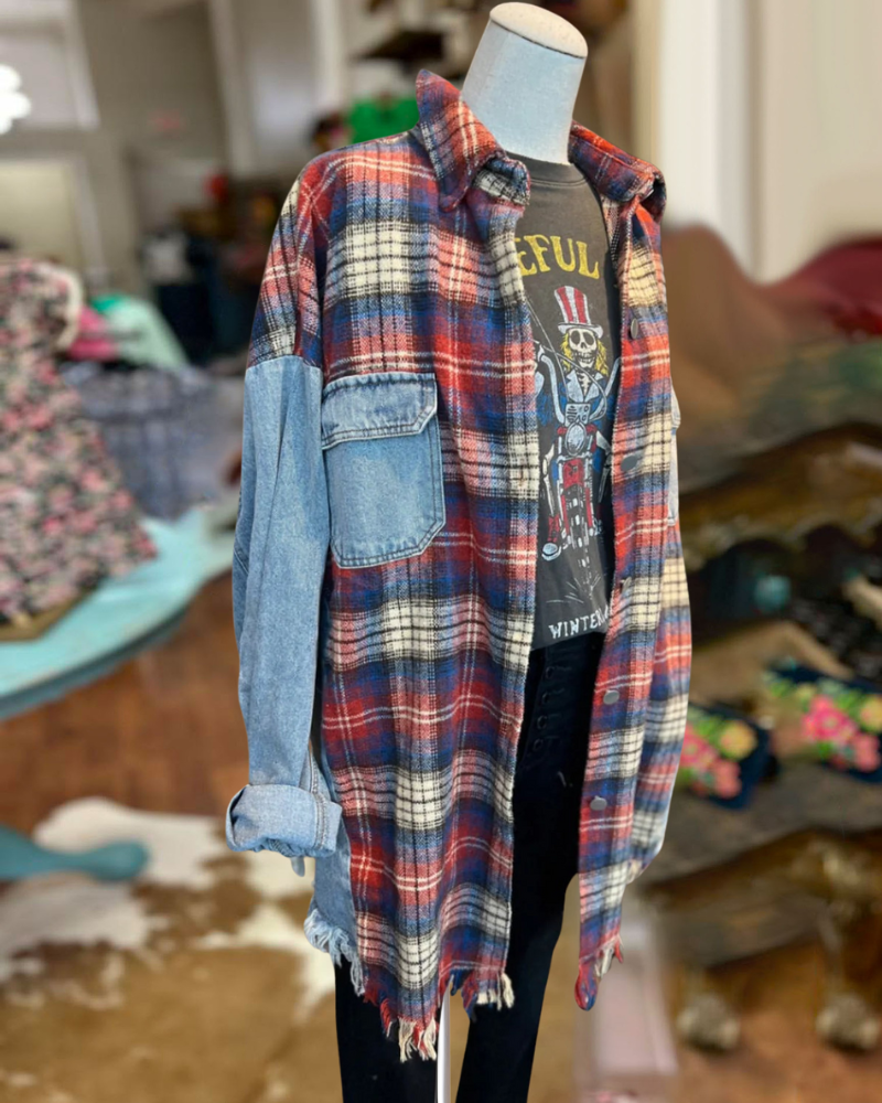 Denim&Plaid Patchwork Oversize Shacket