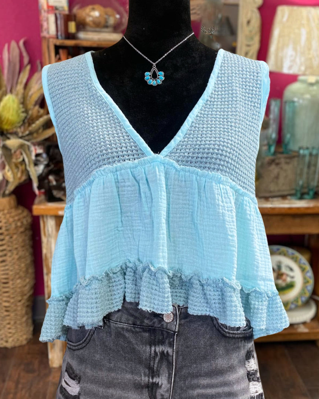 Light Blue V-neck Ruffle Tank