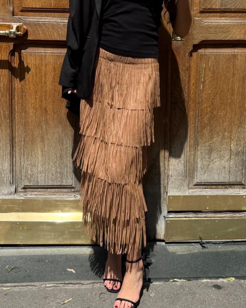 Layered Tassel Suede Midi Skirt