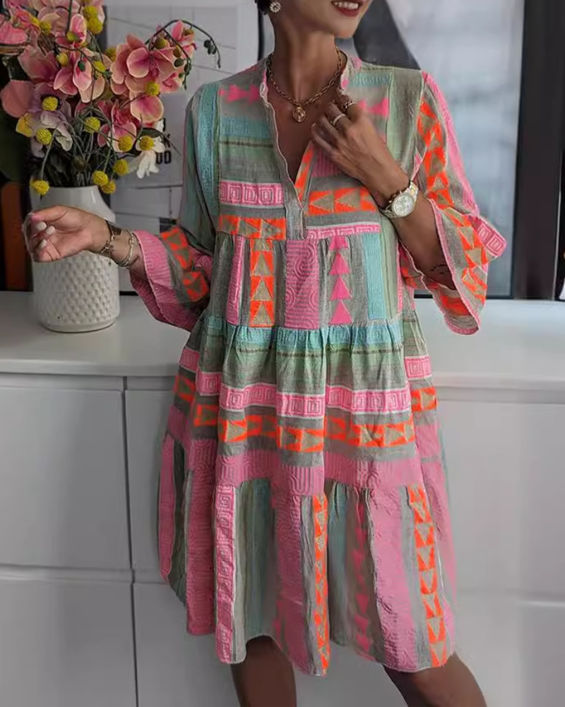 Geometric Print V-Neck Mini Dress