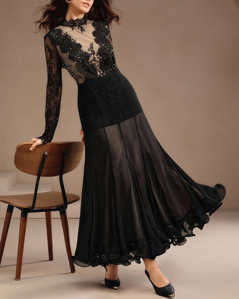 Elegant Lace Ruffle Maxi Dress
