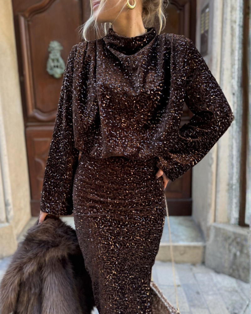 Pleated Sequined Turtleneck Top